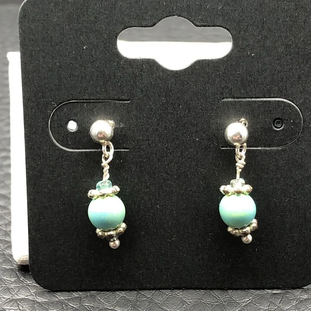 Handmade 925 Sterling Silver‎ Earrings Aqua Blue Ceramic Bead Drop Dangles